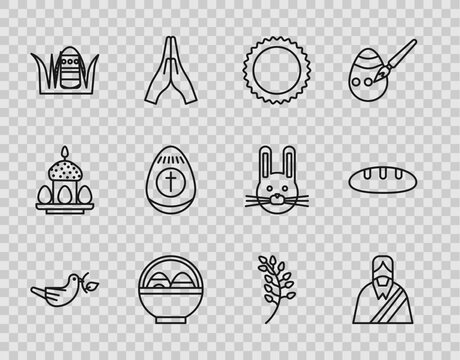 Set line Peace dove with olive branch, Jesus Christ, Sun, Basket easter eggs, Easter, Willow leaf and Bread loaf icon. Vector