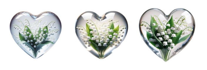 3d realistic pink flower glass heart icon set isolated on a transparent background.