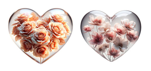 3d realistic pink flower glass heart icon set isolated on a transparent background.