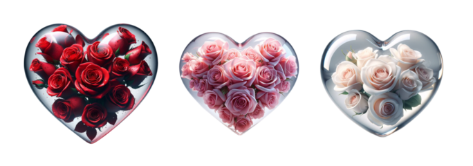 3d realistic pink flower glass heart icon set isolated on a transparent background.