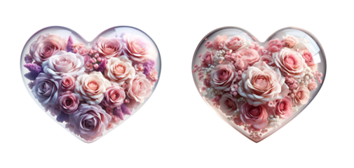 3d realistic pink flower glass heart icon set isolated on a transparent background.