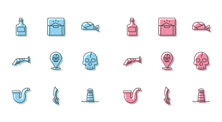 Set line Smoking pipe, Pirate sword, Alcohol drink Rum, Lighthouse, Location pirate, Skull, Vintage pistol and Antique treasure chest icon. Vector