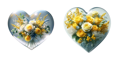 3d realistic pink flower glass heart icon set isolated on a transparent background.