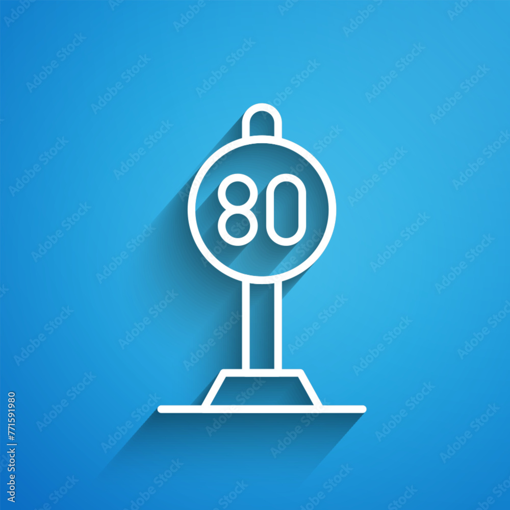 Sticker White line Speed limit traffic sign 80 km icon isolated on blue background. Long shadow. Vector