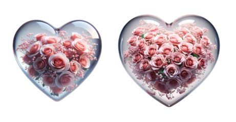 3d realistic pink flower glass heart icon set isolated on a transparent background.