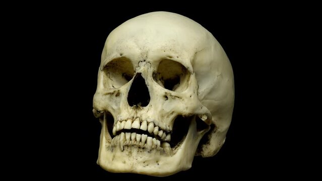 Human skull rotating on a black background. Seamless loop.