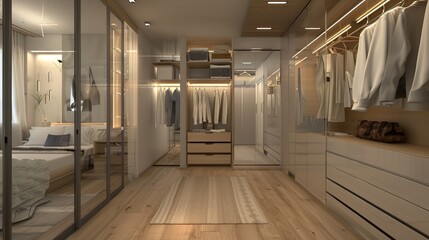Modern wardrobe design for a master bedroom cloakroom. Created with Generative AI