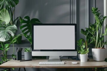 Blank screen desktop computer in office room with plant decorations and copy space