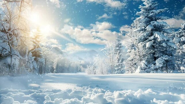 Scene of a winter forest with snowfall animation video looping motion 