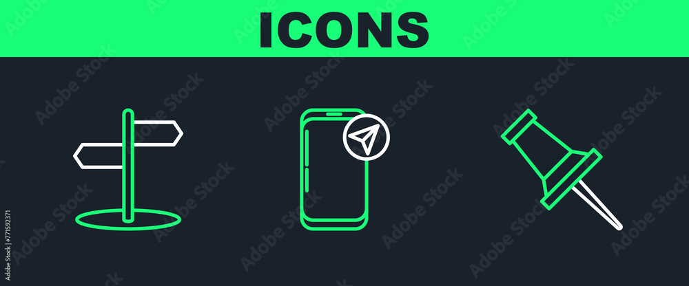 Poster set line push pin, road traffic sign and infographic of city map navigation icon. vector