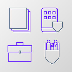 Set line Family insurance with shield, Briefcase, Smartphone and Clean paper icon. Vector
