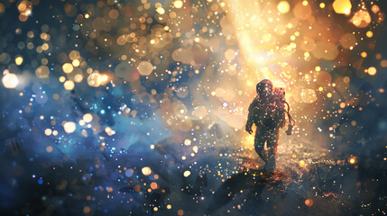 Astronaut in outer bokeh space galaxy. - obrazy, fototapety, plakaty