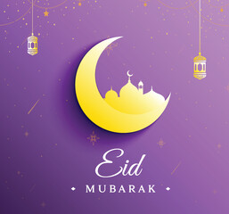 Obraz na płótnie Canvas Eid Mubarak premium vector illustration with luxury design. purple gradient eid mubarak background with star and moon. Islamic light design with white eid mubarak design