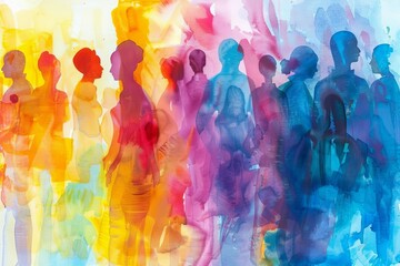 Abstract colorful watercolor painting depicting diverse people united, artistic illustration - obrazy, fototapety, plakaty