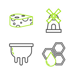 Set line Honeycomb, Udder, Windmill and Cheese icon. Vector