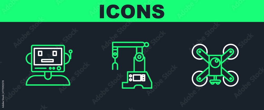Poster set line drone flying with action camera, robot and assembly line icon. vector