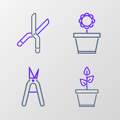 Set line Plant in pot, Gardening handmade scissors, Flower and icon. Vector