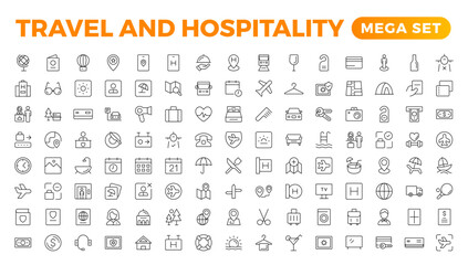 Set of outline icons related to the hospitality industry. Editable stroke. Vector illustration.Travel set. Summer vacations and holiday symbol vector illustration. traveling tourism elements. - obrazy, fototapety, plakaty