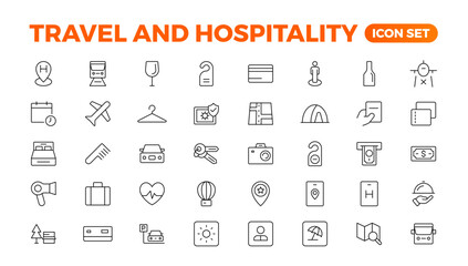 Set of outline icons related to the hospitality industry. Editable stroke. Vector illustration.Travel set. Summer vacations and holiday symbol vector illustration. traveling tourism elements.