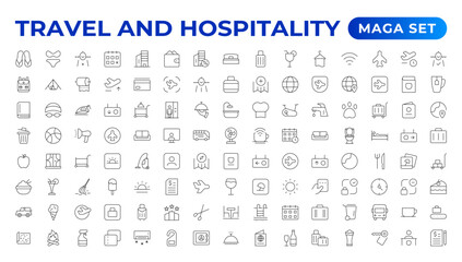 Set of outline icons related to the hospitality industry. Editable stroke. Vector illustration.Travel set. Summer vacations and holiday symbol vector illustration. traveling tourism elements. - obrazy, fototapety, plakaty
