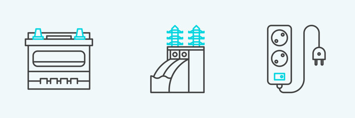 Set line Electric extension cord, Car battery and Nuclear power plant icon. Vector