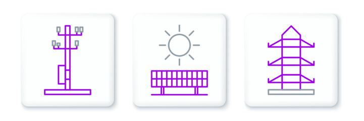 Set line High voltage power pole line, and Solar energy panel and sun icon. Vector