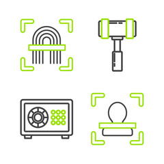 Set line Face recognition, Safe, Judge gavel and Fingerprint icon. Vector