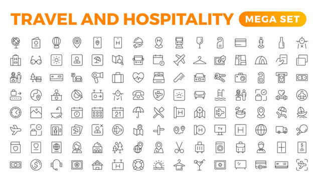 Set of outline icons related to the hospitality industry. Editable stroke. Vector illustration.Travel set. Summer vacations and holiday symbol vector illustration. traveling tourism elements.