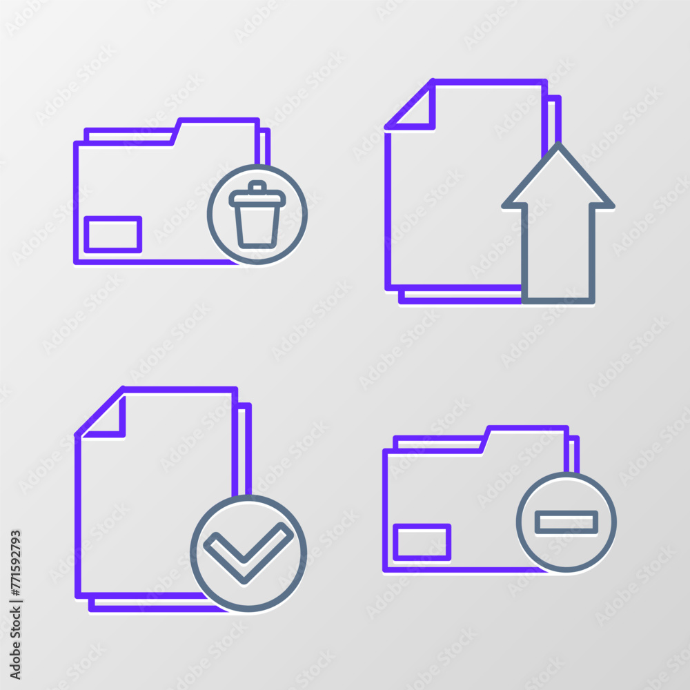 Poster set line document folder with minus, and check mark, upload file document and delete icon. vector