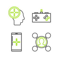 Set line Share, Smartphone and playing in game, Gamepad and Head hunting concept icon. Vector