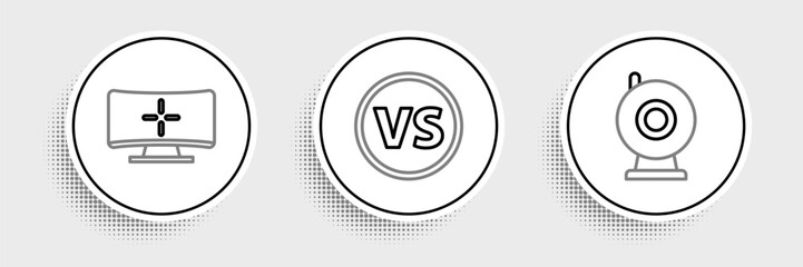Set line Web camera, Computer monitor and VS Versus battle icon. Vector