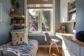 Children's bedroom with a desk and window