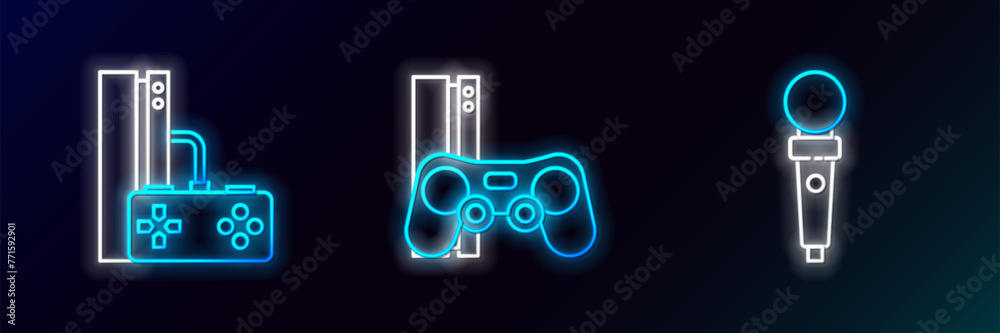 Poster set line joystick for arcade machine, game console with joystick and icon. glowing neon. vector