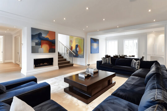 A large, spacious living room in London with dark blue sofas and white walls, featuring an abstract painting on the wall above the sofa. The space includes light wooden flooring, black coffee table.