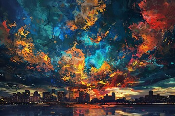 Abstract Cloudscape above City in Style of Van Gogh's Oil Paintings, Surreal Illustration