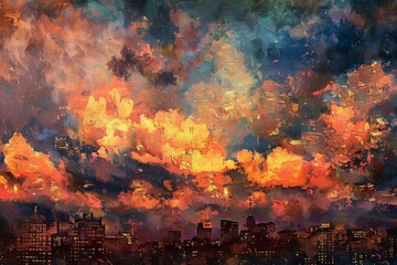 Abstract Cloudscape above City in Style of Van Gogh's Oil Paintings, Surreal Illustration - obrazy, fototapety, plakaty