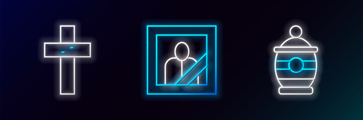 Set line Funeral urn, Christian cross and Mourning photo frame icon. Glowing neon. Vector