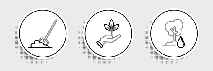 Set line Watering Tree, Shovel the ground and Plant hand of environmental protection icon. Vector