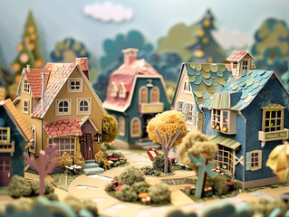 Whimsical paper-cut diorama of a charming village in Europe.  