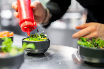 A skilled chef meticulously adds red sauce to a gourmet dish, showcasing culinary artistry and...