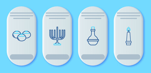 Set line Hanukkah menorah, Jewish wine bottle, sweet bakery and Burning candle icon. Vector