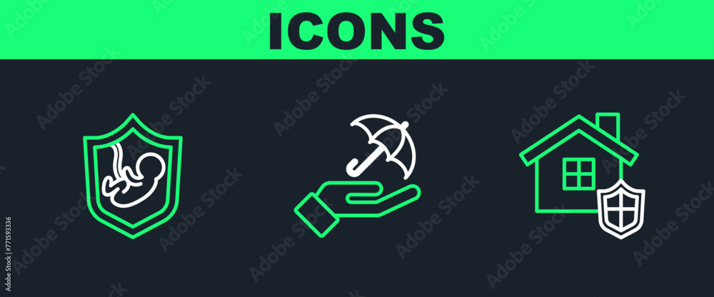 Canvas Prints Set line House with shield, Life insurance and Umbrella hand icon. Vector