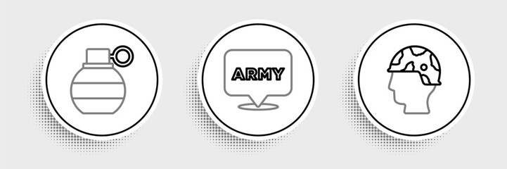 Set line Army soldier, Hand grenade and Military army icon. Vector