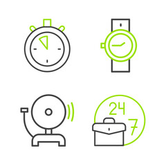 Set line Always busy, Ringing alarm bell, Wrist watch and Stopwatch icon. Vector