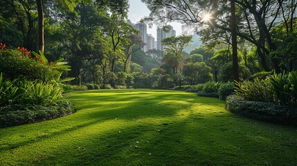 Fototapeta na wymiar Public park in the city, wide view, green space maintenance for a serene wallpaper , photographic style