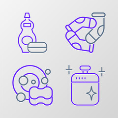 Set line Clean cooking pot, Washing dishes, Socks and Dishwashing liquid bottle icon. Vector
