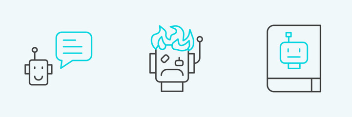 Set line User manual, Bot and Robot burned out icon. Vector