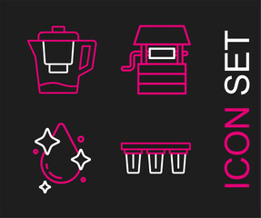Set line Water filter, drop, Well with bucket and jug icon. Vector