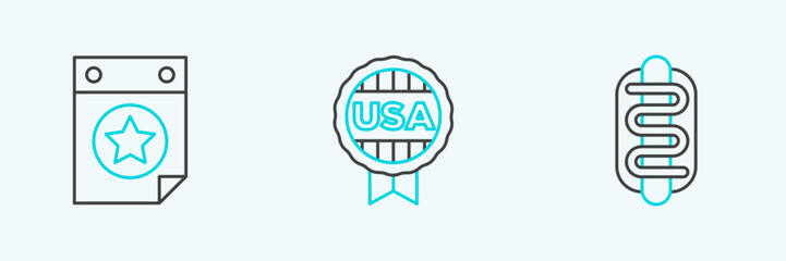 Set line Hotdog sandwich, Calendar with date July 4 and Medal star icon. Vector