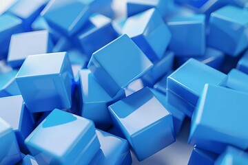 Abstract Blue Cubes on White Background, Minimalist Geometric Shapes 3D Render